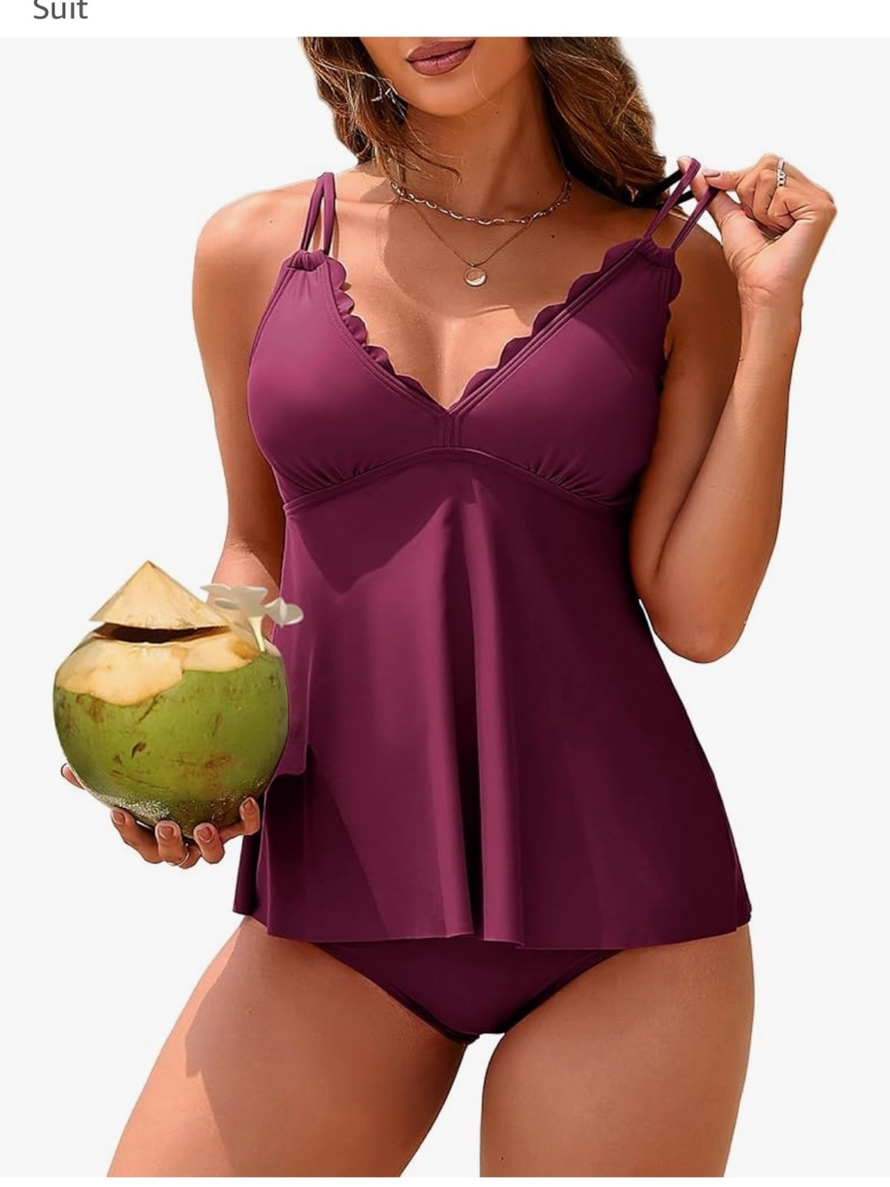 Women’s Scallop Trim V-Neck Tankini Swim Top and High Cut Bottoms in Red Wine